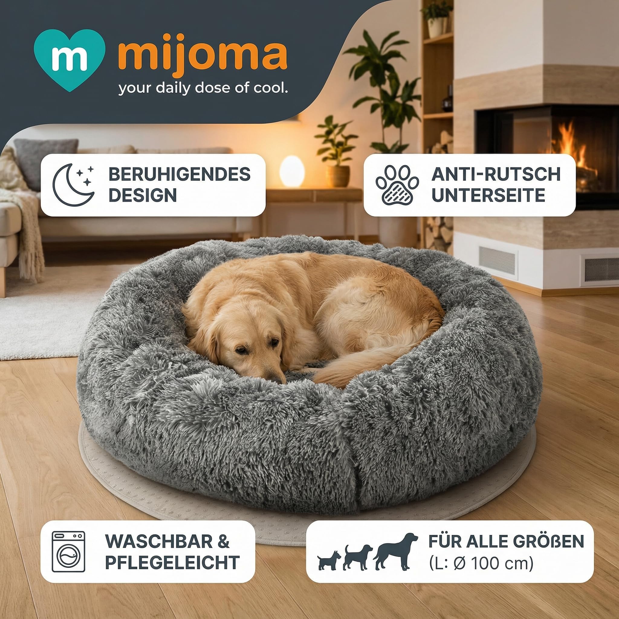 MIJOMA Flauschiges Hundebett rund grau mit Anti-Rutsch Unterseite – Beruhigendes Hundekissen für kleine mittelgroße & große Hunde – Hundekorb aus Plüsch zur Entspannung (Größe L – Ø 100 cm)