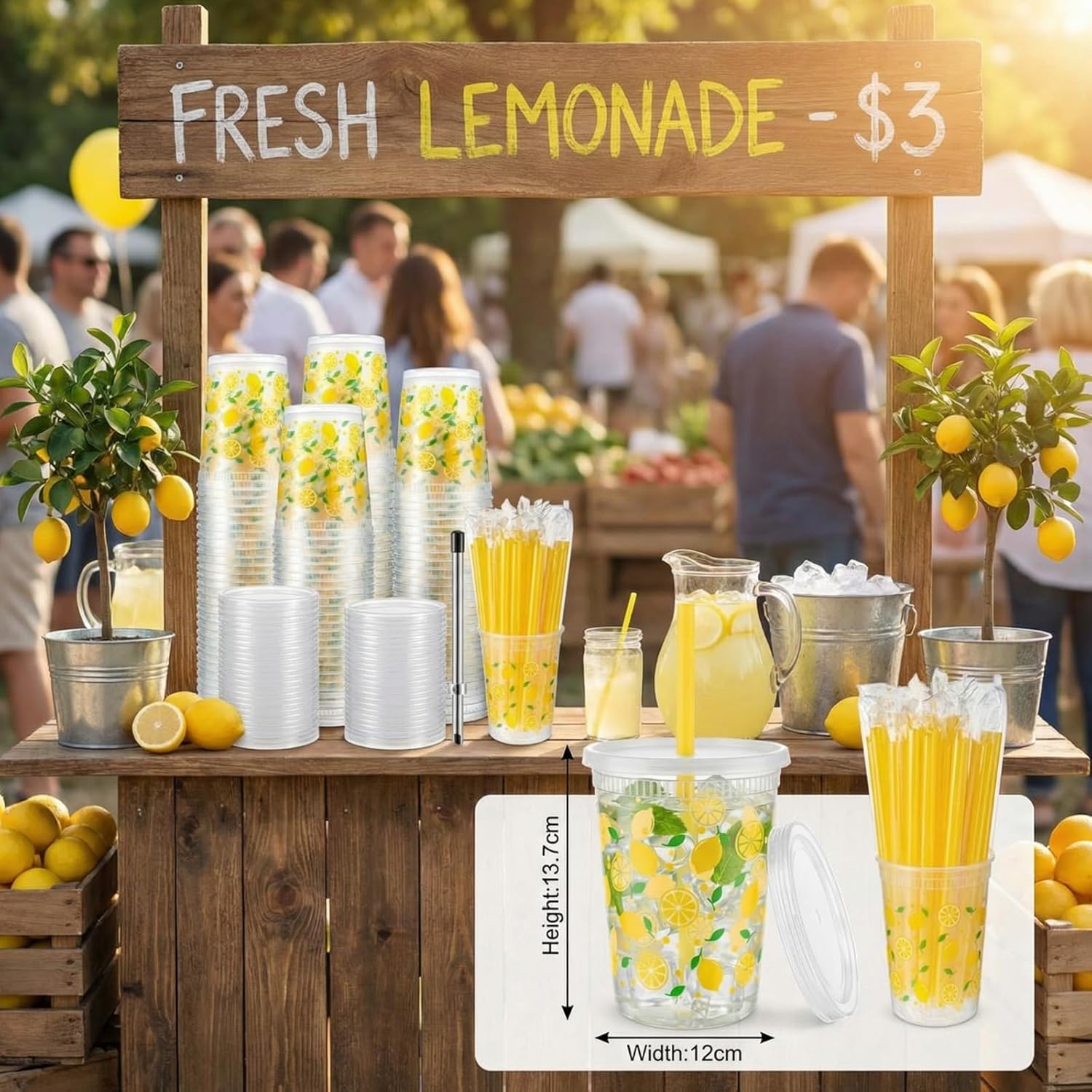 50 Set Lemonade Stand Supplies 32 oz Lemonade Stand Kits, 50 Lemon Plastic Cups Yellow Lemon Drink Cup with Lids, 50 Straws for Juice Ice Tea Beer Beverage Summer Party Supplies