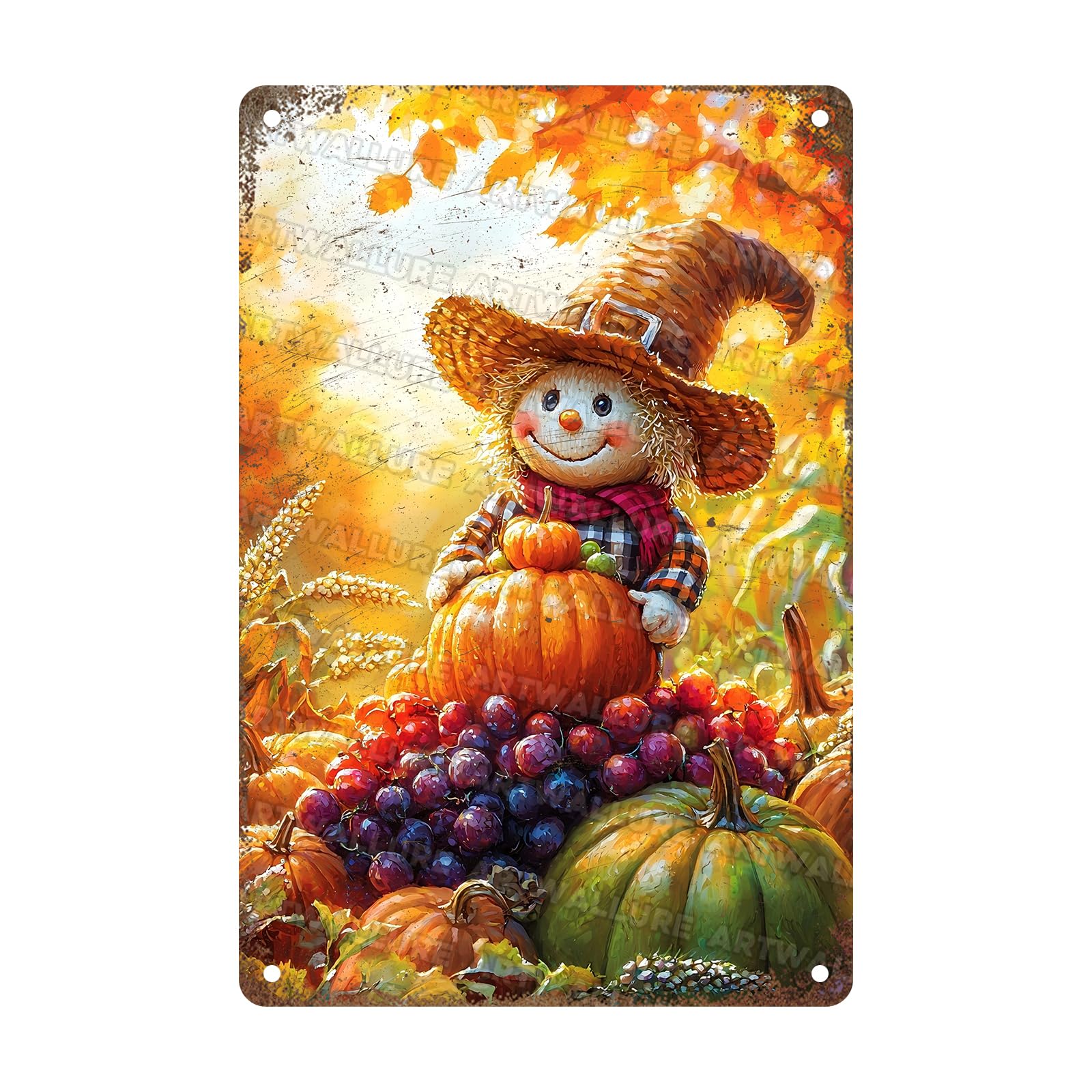Vintage Thanksgiving Day Pumpkins Tin Sign Thanksgiving Autumn Farmhouse Scarecrow Metal Tin Sign for Pub Club Cafe bar Home Wall Art Decoration Poster 8x12inch