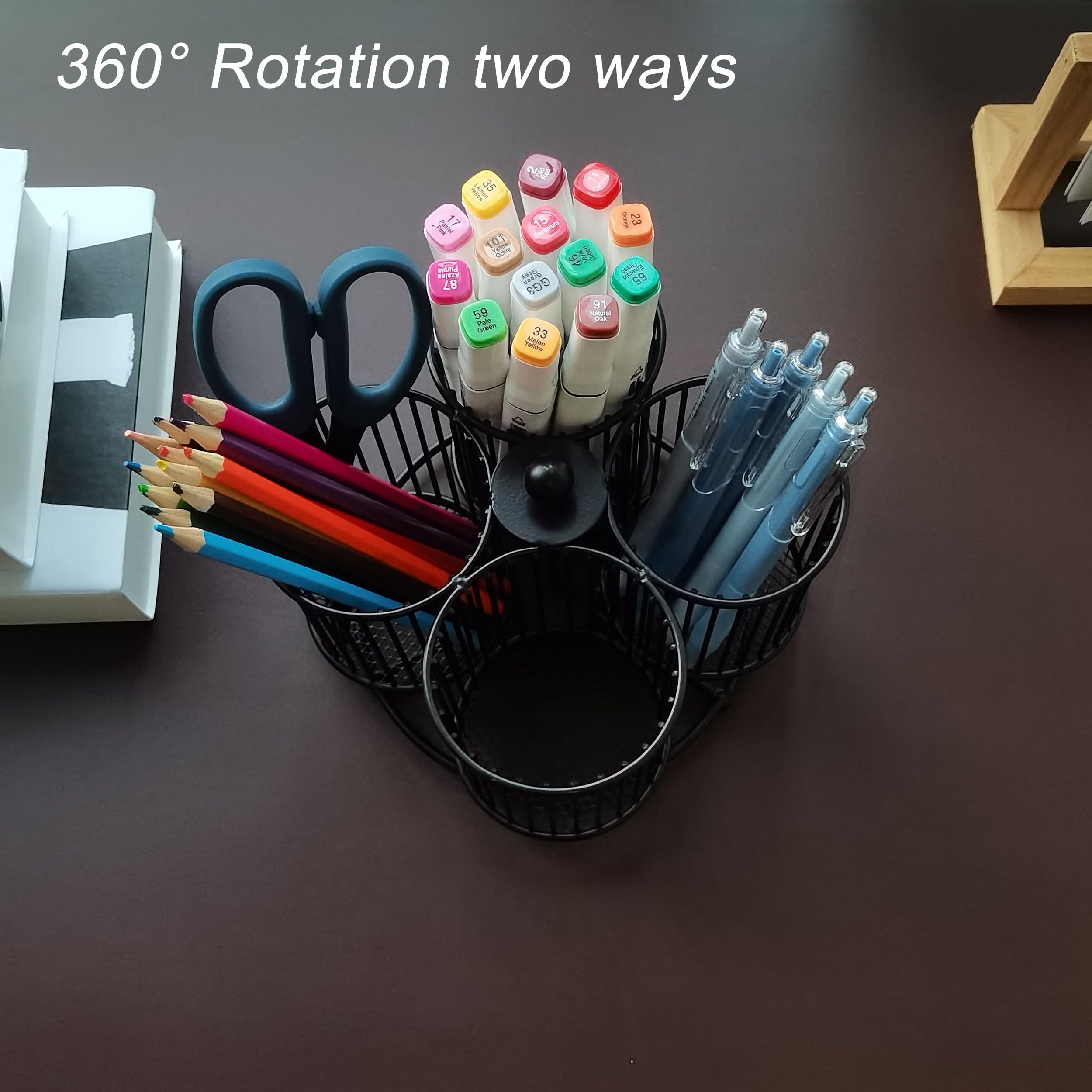Schwarzer Stifthalter, um 360 Grad drehbarer Stifthalter für Schreibtisch-Organizer, starkes Metall, 4 Tassen, großes Fassungsvermögen, Schreibtisch-Organizer für Büro, Schule, Zuhause,