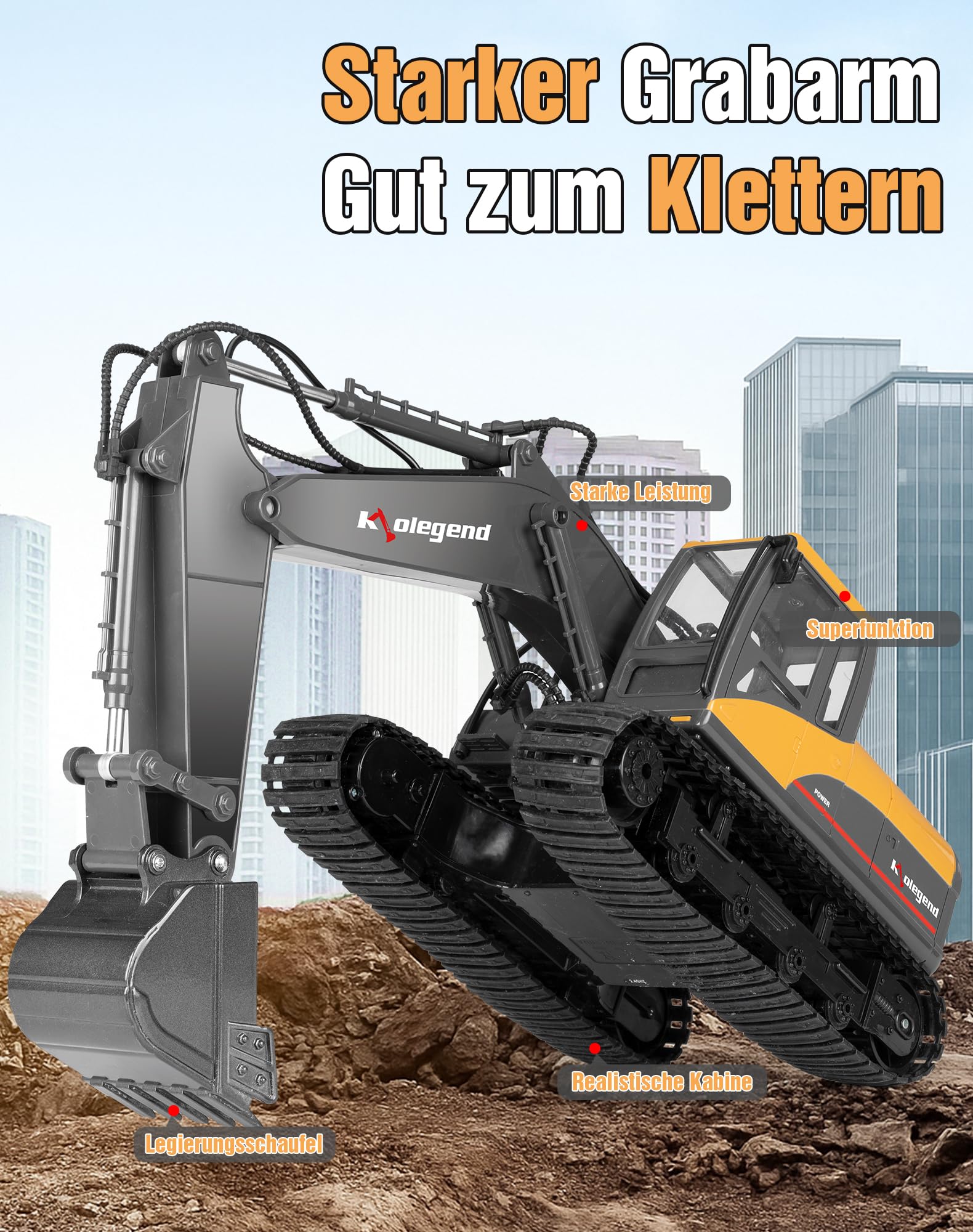 kolegend 3-in-1 Fernbedienungs-Bagger Spielzeug 1/14 Ma?stab RC-Bagger 15-Kanal-Upgrade voll funktionsf hige Baufahrzeuge mit Werkzeug Metallbrecher und elektrischem Greifer