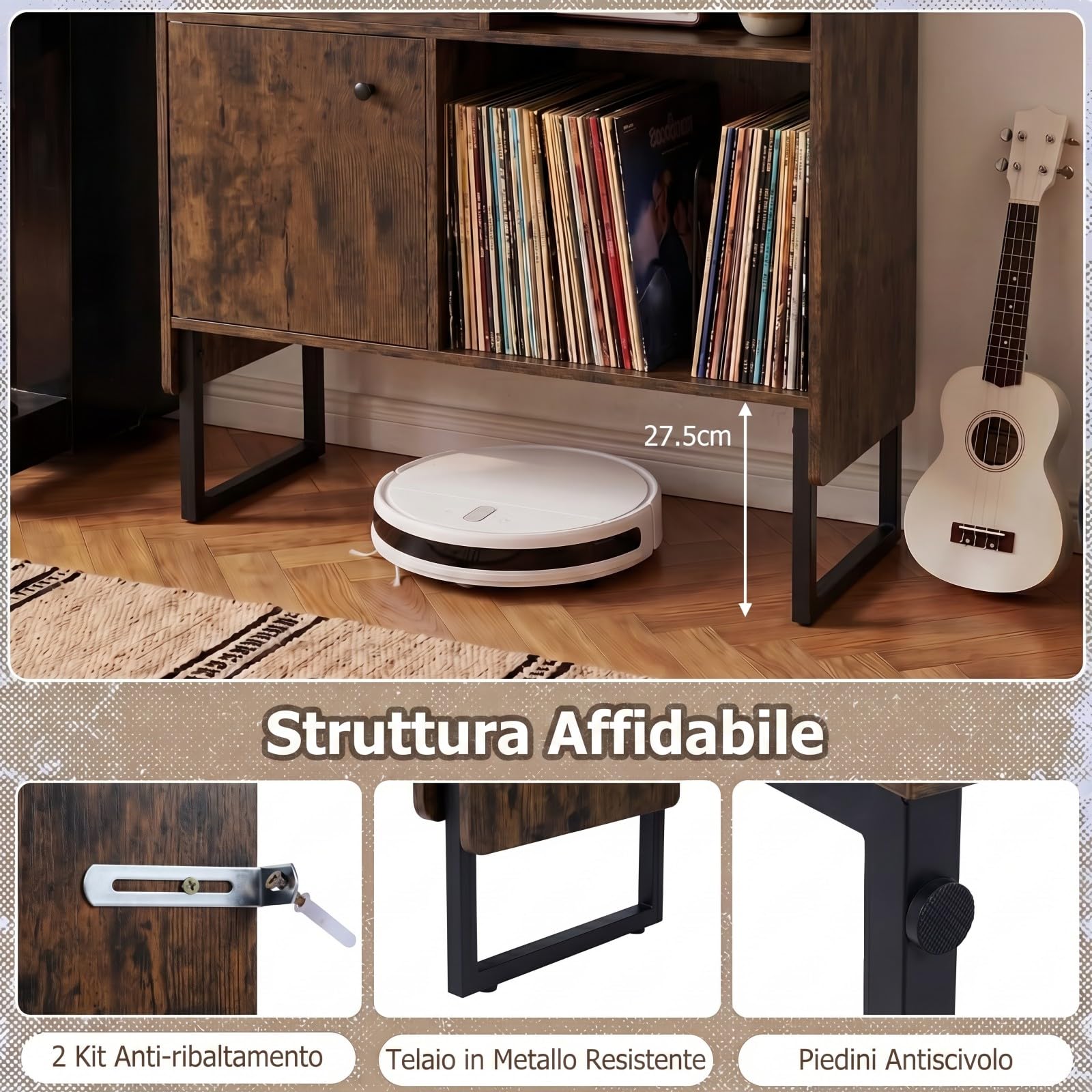 COSTWAY Mobile Giradischi con Stazione di Ricarica, Supporto Porta Vinili e Dischi, Tavolino con Armadietto e Scomparti Aperti, Stile Vintage, in Legno e Metallo, 80 x 35,5 x 85,5 cm