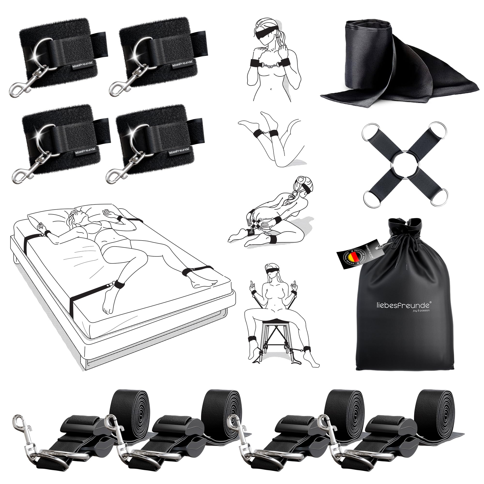 Liebesfreunde® Bondage Sexspielzeug Set - Bett Fesseln inkl. Fesselgurte, Handschellen, Fußfesseln, Fesselkreuz & Augenbinde I BDSM Sex Spielzeug für Paare Extrem