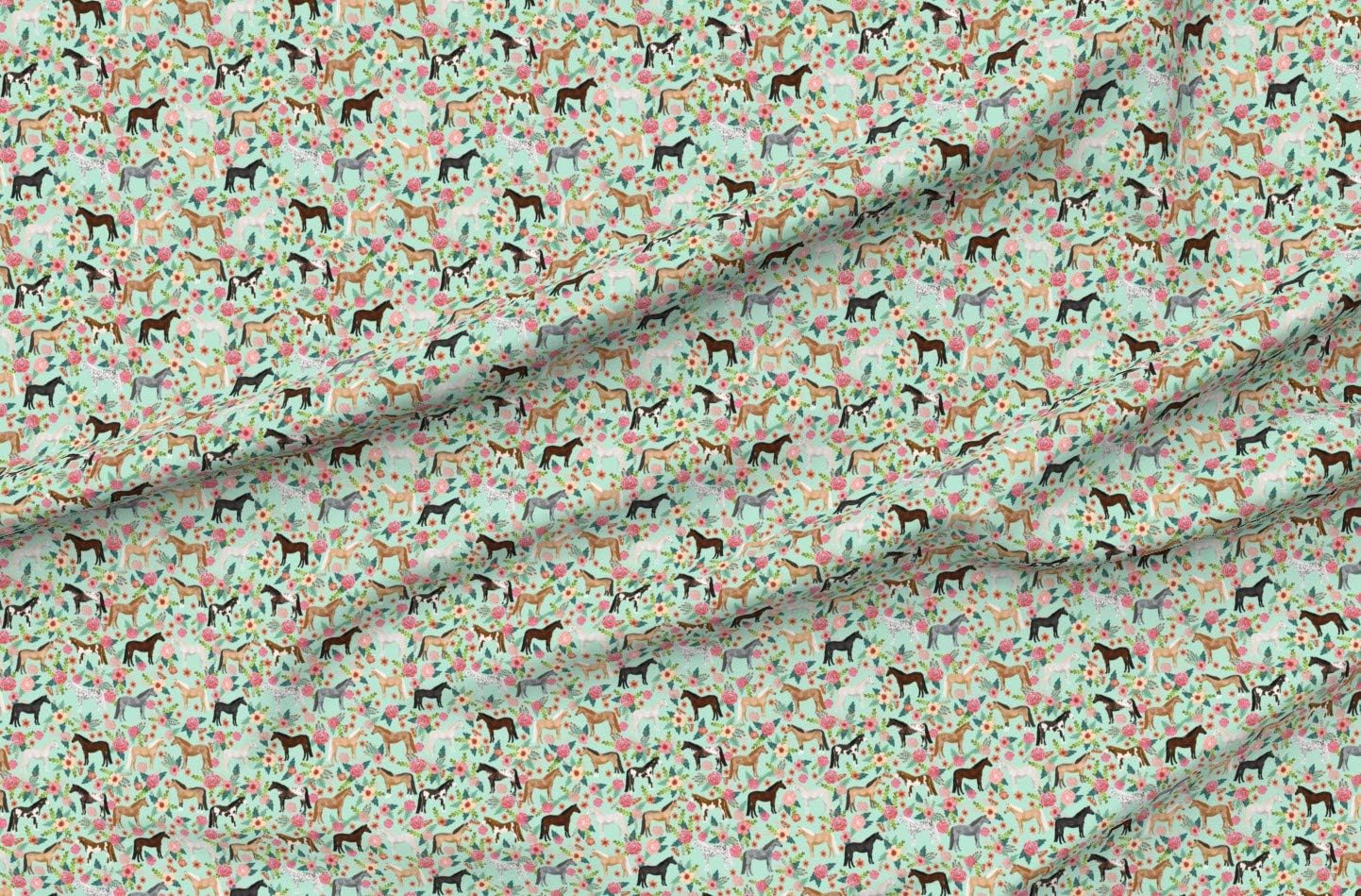 Spoonflower Fabric - Horse Multi Floral Horses Mint Farm Animal Cowboy Pet Portrait Printed on Organic Cotton Sateen Fabric by The Yard - Sewing Quilting Apparel Home Decor
