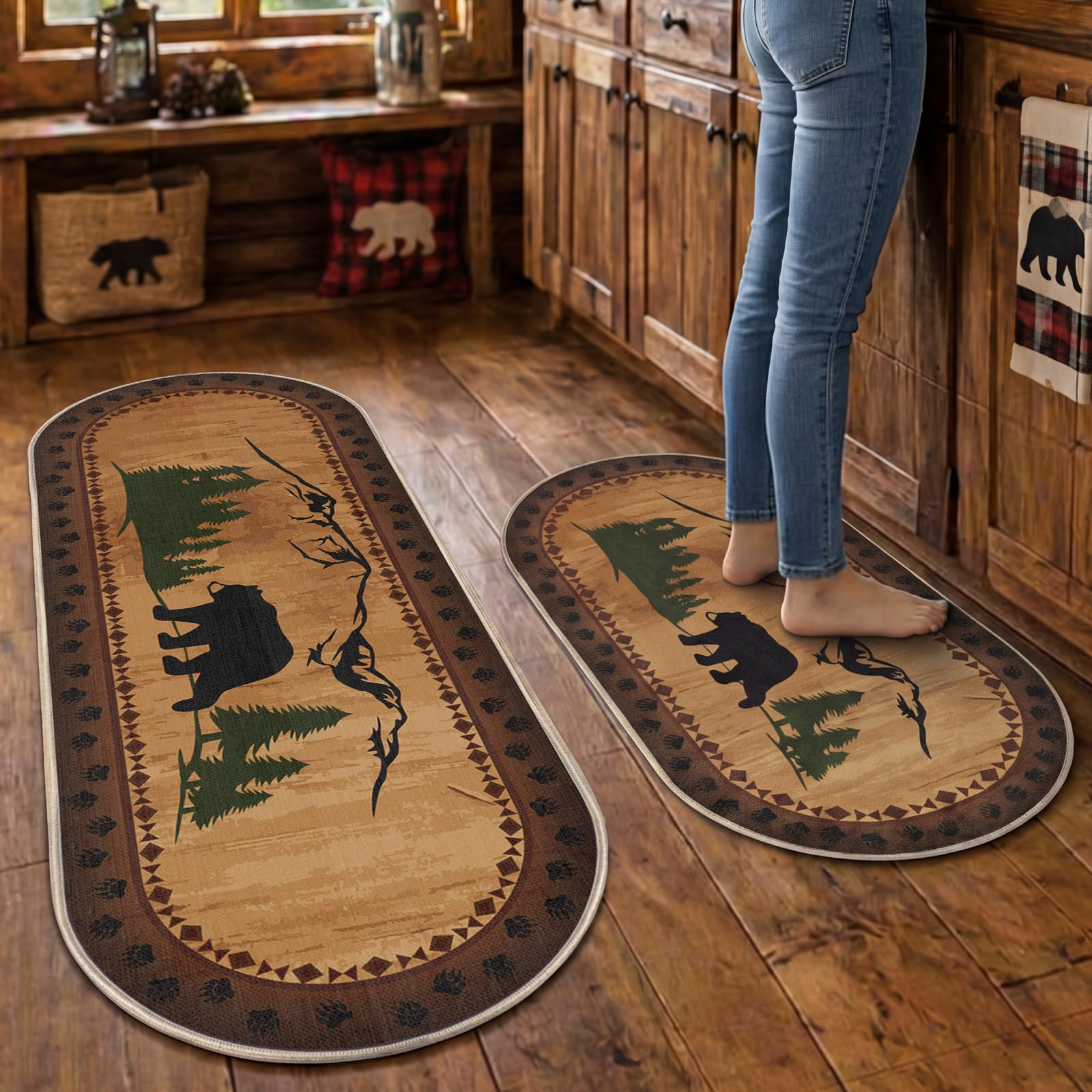 Photo 1 of 2 Pcs Bear Non Skid Rug Rustic Lodge Theme Area Rug with Bear and Cub Scene Cabin Rug Bear Farmhouse Rug Winter Kitchen Cabin Rug Christmas Bear Decor for Home Bathroom Bedroom Living Room