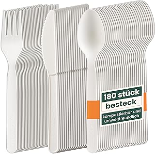 HAAGO 180-teiliges Besteckset (Weiß 18 cm) – Umweltfreundlich, Biologisch Abbaubar & Kompostierbar – Wiederverwendbar, Robust, 100% Natürliches Besteck – 60 Messer, 60 Gabeln, 60 Löffel