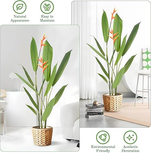 Miniatura 4 de yeshine Bird of Paradise - Planta artificial, árbol de hoja de plátano sintético de 5 pies con flores y cesta tejida de hierba marina, palmera alta