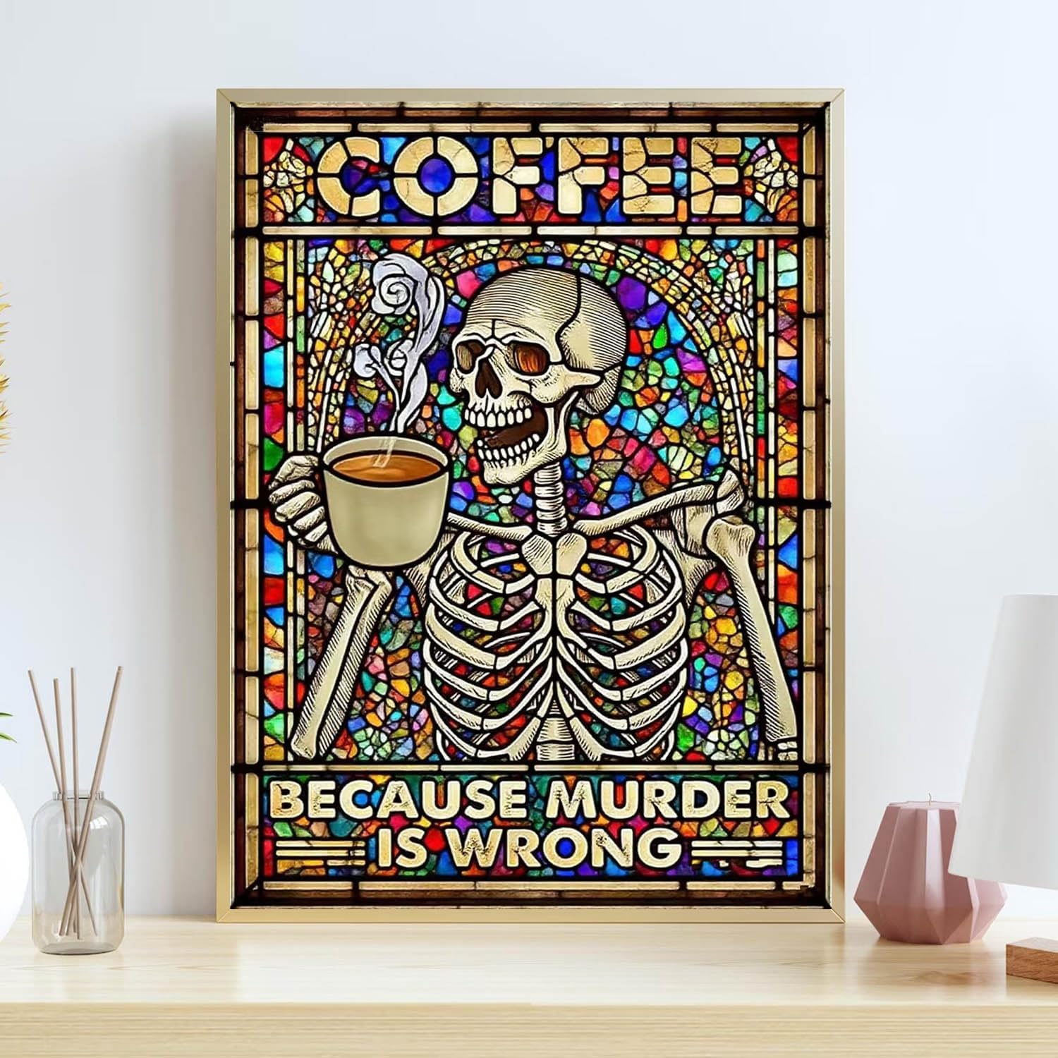 Skeleton Diamond Painting Kits for Adults Stained Glass with Coffee - 12x16 Inch Macabre Humor Art, Full Drill DIY Gothic Home Decor, Unique Gift for Halloween, Birthday & Relaxation