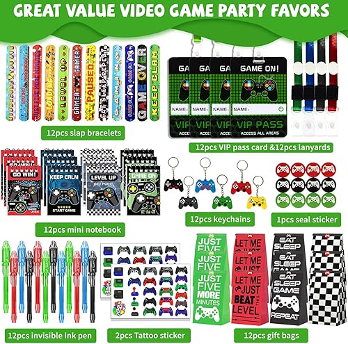 Miniatura 2 de 146 piezas de recuerdos de fiesta de videojuegos, recuerdos de fiesta de jugadores, cuaderno de tinta con pases VIP con cordones, pulseras,