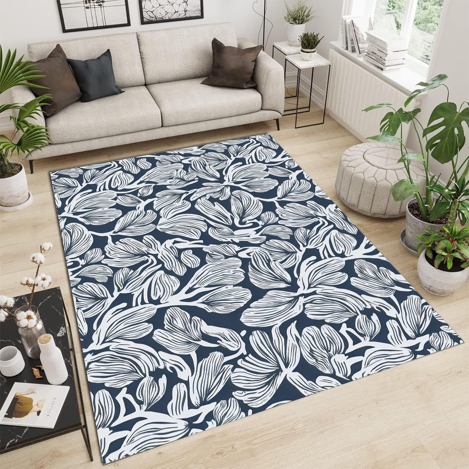 Tapis bleu foncé 240x300 cm lavable à motifs de feuilles