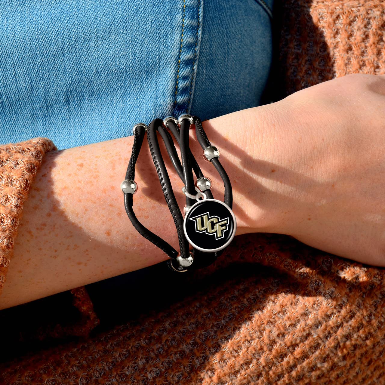 UCF Central Florida Knights Multi Line Black Leather Bracelet Jewelry Licensed Gift