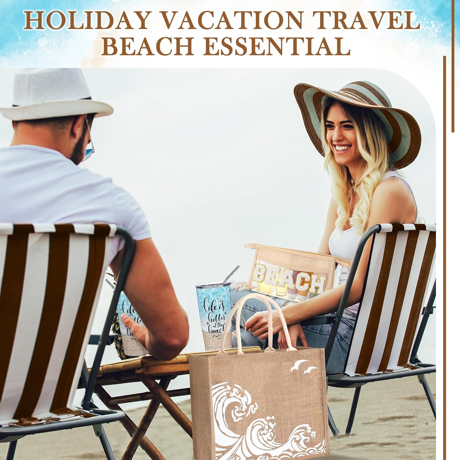 6 Pcs Beach Gifts for Women Set Beach Theme Gift Set Burlap Tote Bags Cosmetic Bag 20 oz Tumbler Keychain for Birthday Holiday Travel Wedding Bridal Shower Bride Bridesmaid Honeymoon(Classic) - Image 6