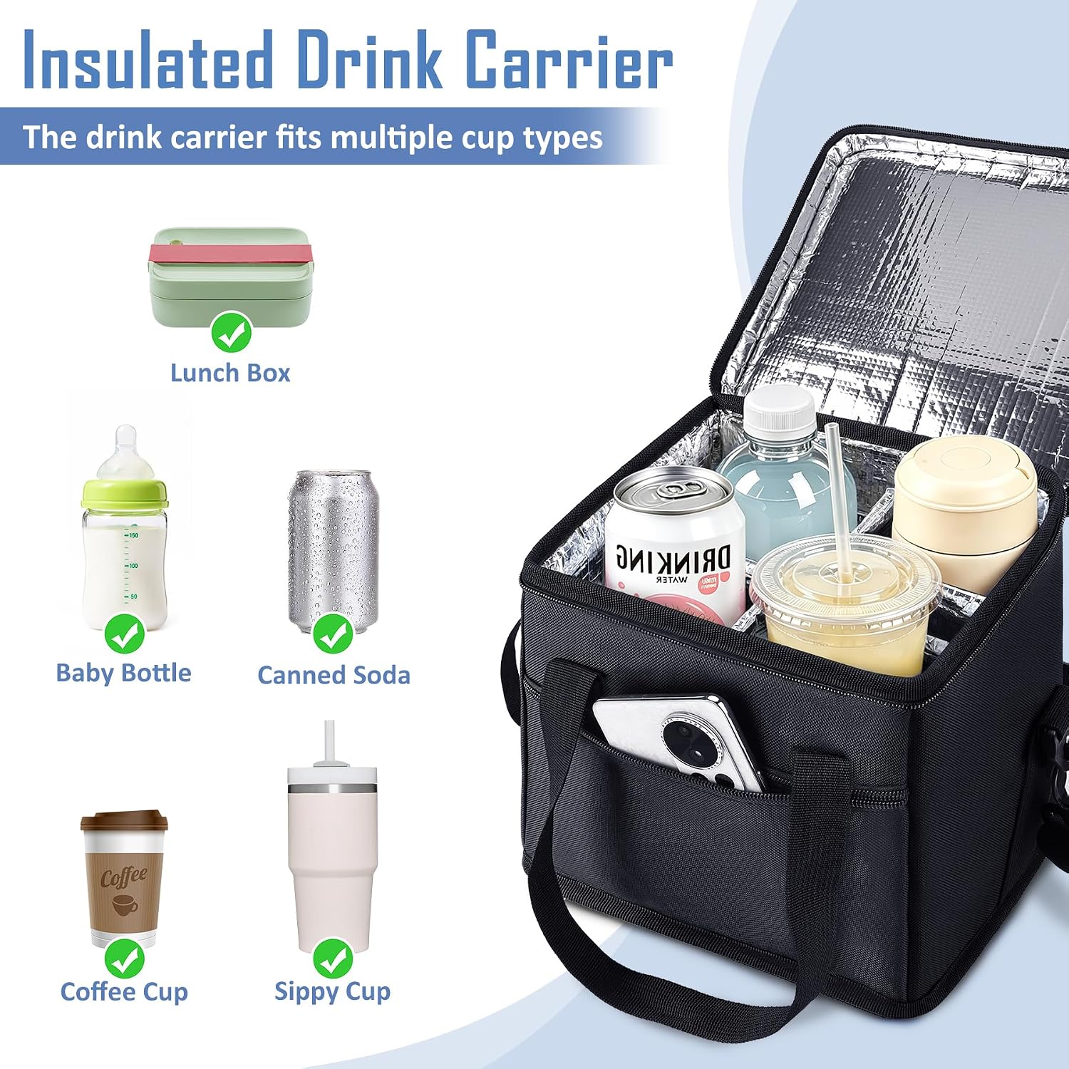 Drink Carrier with Handle, Side Pockets for Car, Black | Resistant 4 Cup Carrier with Shoulder Strap for Delivery, Camping, Commuter Lunches, Customizable Anti-Tip Bottle Caddy