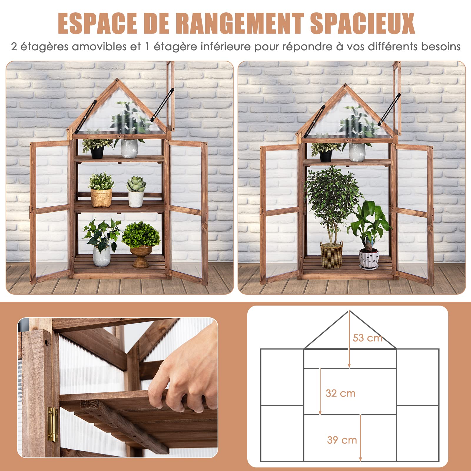 GOPLUS Mini Serre en Bois à encadrement Froid, étagère de jardinière surélevée avec Toit Transparent ouvrable, Portes Doubles et étagères à 3 Niveaux, Serre Portable pour Jardin, Cour, Balcon