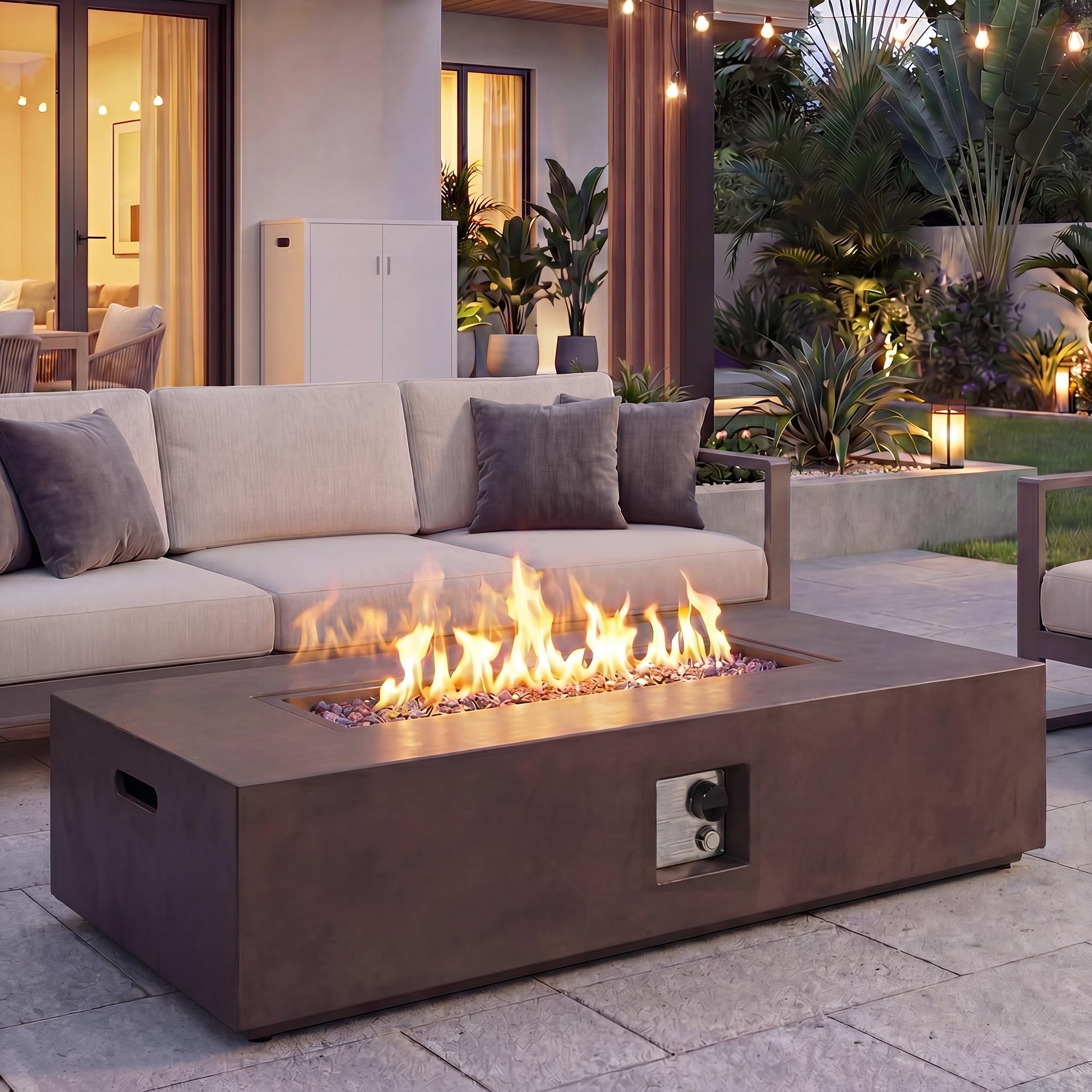 COSIEST Outdoor Propane Fire Pit Table 56-inch x 28-inch Rectangle Bronze Compact Concrete-Like Finish, 50,000 BTU, Free Lava Rocks, Fits 20lb Tank Outside, Raincover