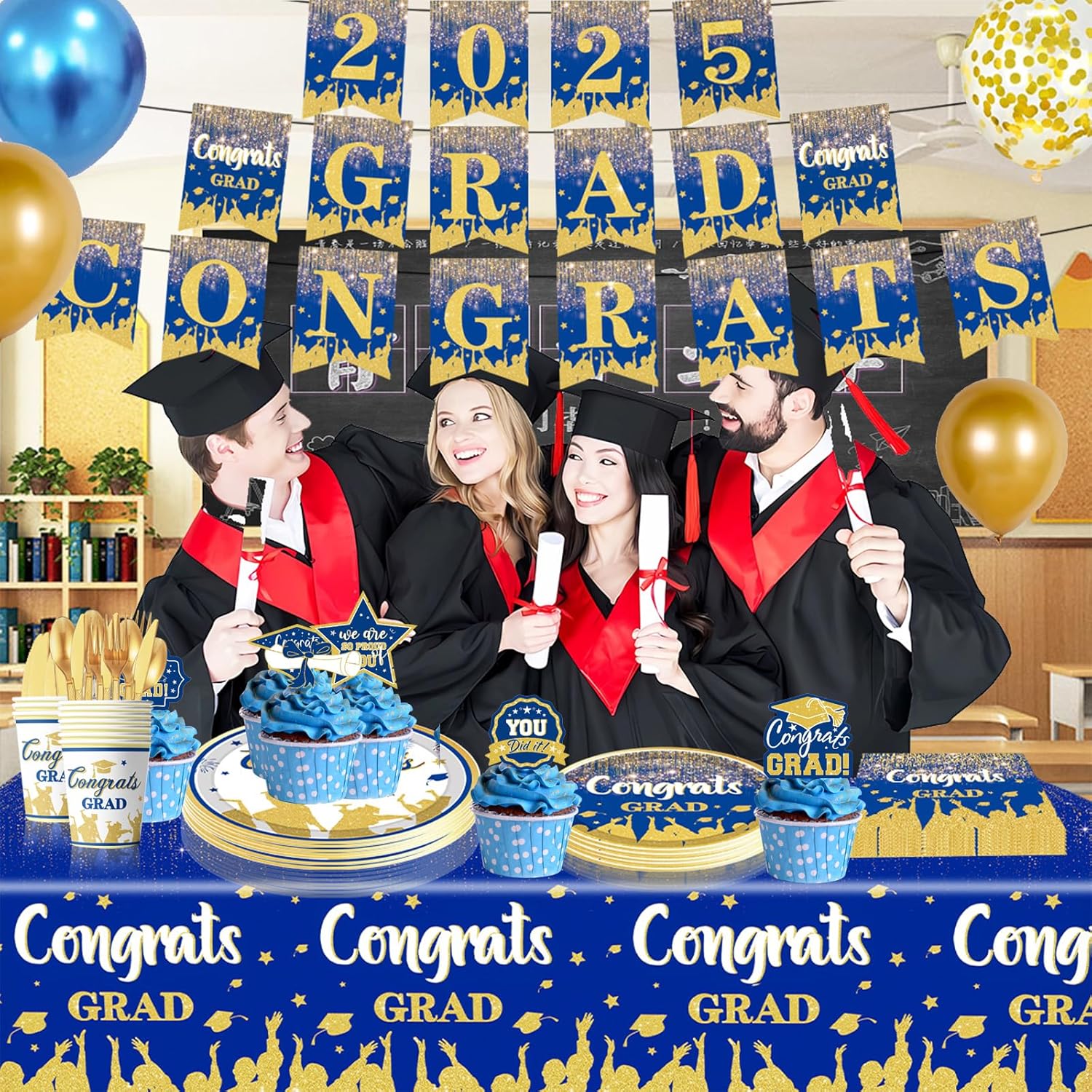 2025 Congrats Grad Party Decorations Blue and Gold Graduation Party Supplies with 2025 GRAD CONGRATS Banner Balloons Cake Toppers Tablecloth Plates Napkins Cups for Graduation Decorations - Image 7