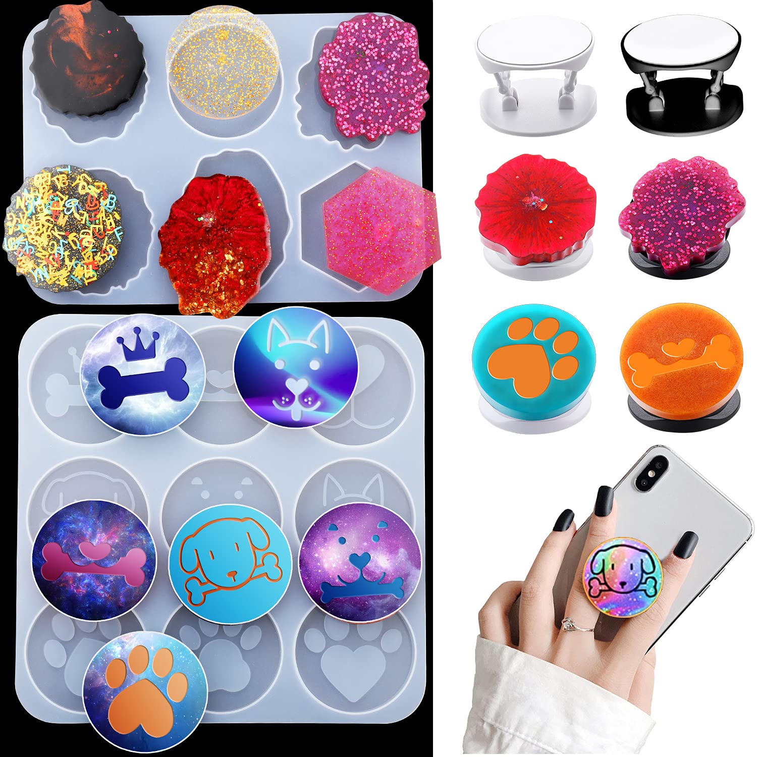 Phone Grip Resin Molds on Top Kits, 2Pcs Phone Grip Silicone Molds for  Epoxy Resin, 15 Cavity Irregular Round Mount Holder Stand Silicone Molds  for