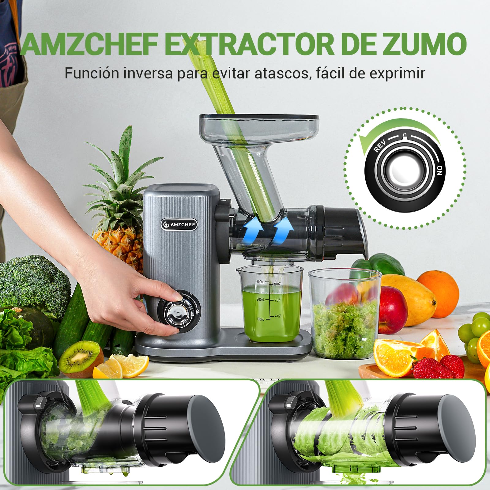 AMZCHEF Juicer Compacto Con Dos Modos De Alimentación Para Uun Uso Fácil - Extractor De Zumos Y Verduras De Alta Tecnología Con Masticación Inversa Y Un Rendimiento De Zumo Ultra Alto - Gris