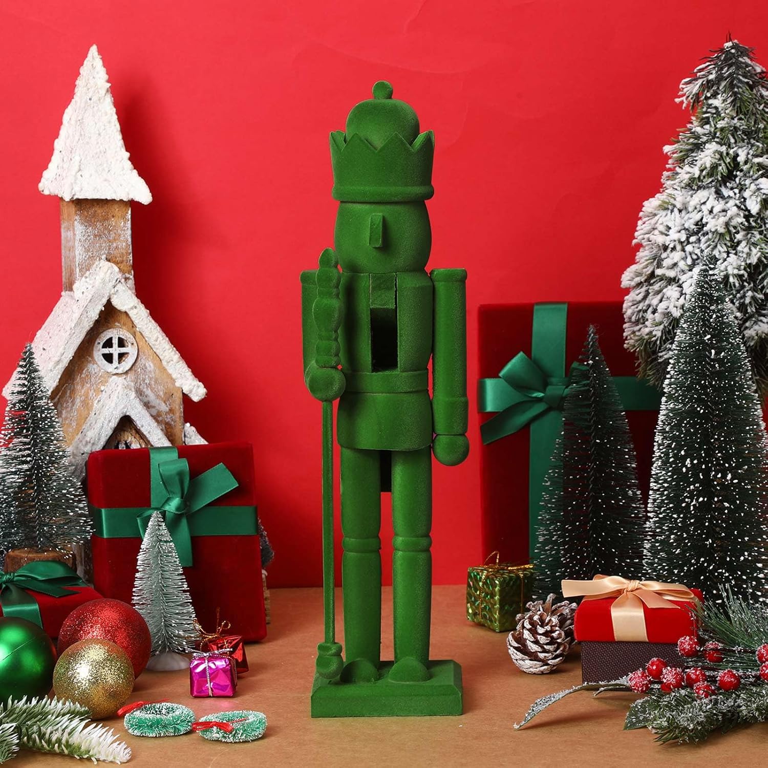 Cinnvoice 15 Inch Green Christmas Nutcracker Ornaments Flocked Nutcracker Figures Christmas Decor Ornament Soldier Festive Collectible Gift for Table Fireplace Shelf Desktop Home Decor