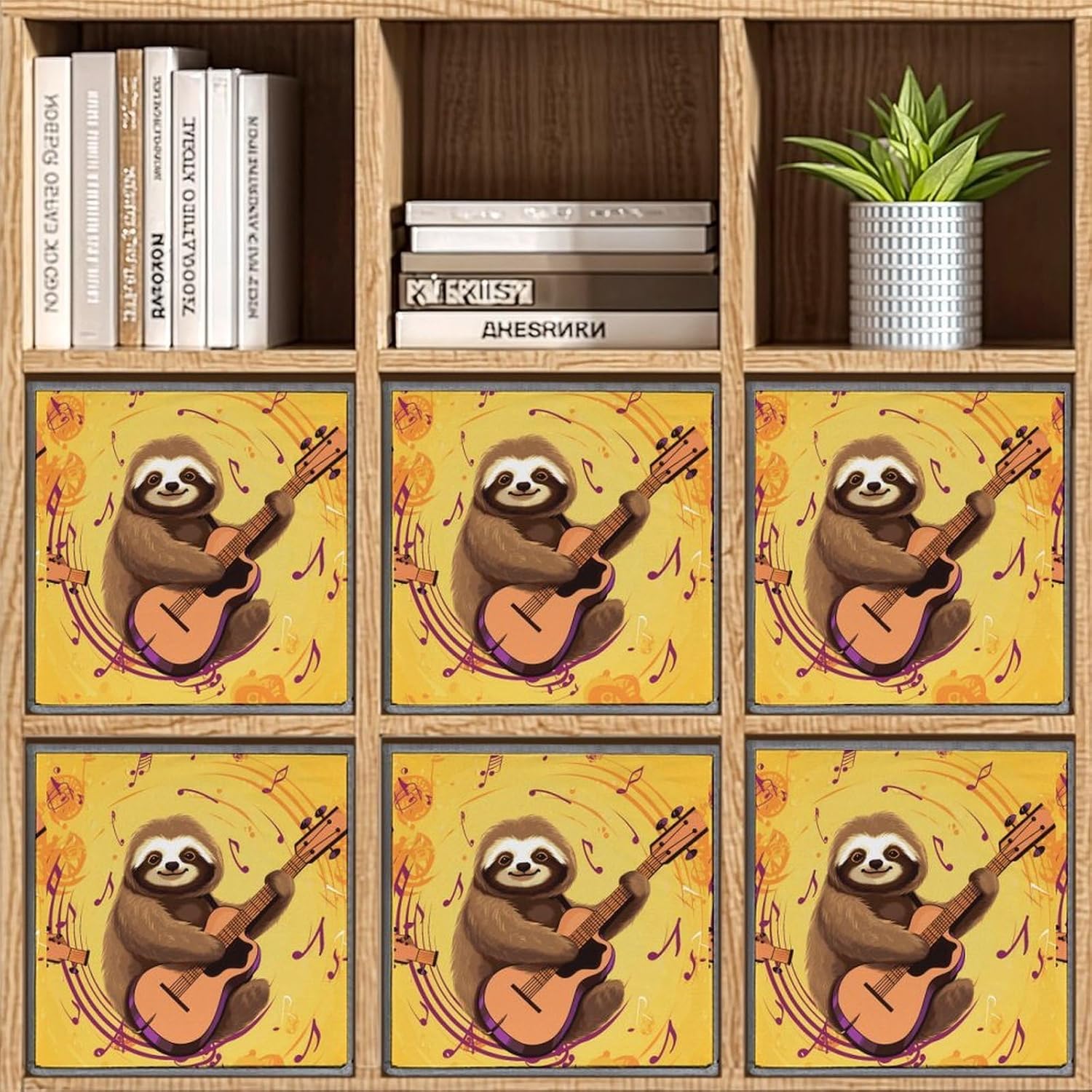 Music And Sloth on Yellow Background Storage Cubes Set of 6 Storage Bins with Handles Collapsible Storage Basket Fabric Storage Box for Shelves Large Closet Shelf Organizer for Organization 11 Inch