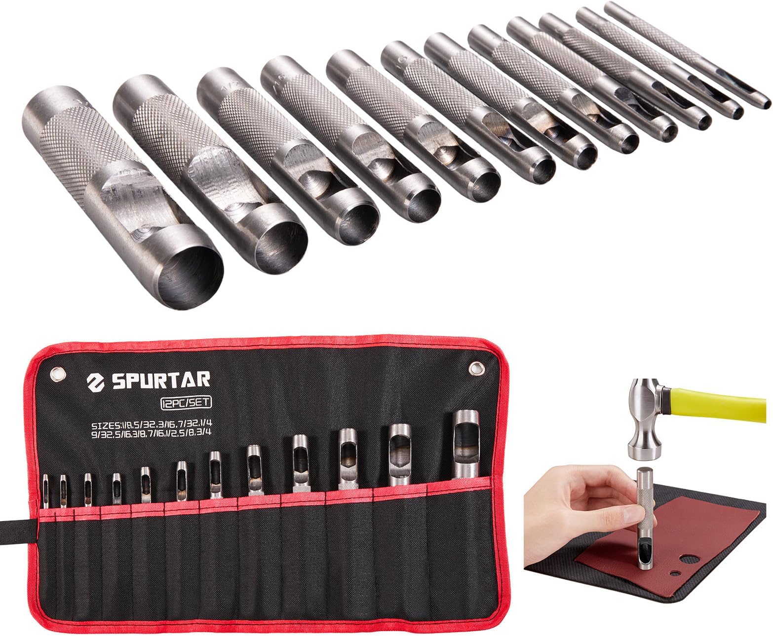 Spurtar 12 PCS Steel Hollow Leather Punch Set 1/8''-3/4''(3-19mm) Heavy Duty Round Hole Punch Set Leather Hole Tool for Watch Cloth Belt Gaskets w/Storage Bag