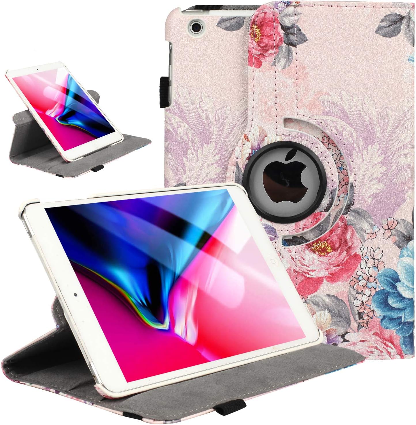 iPad Mini 1/2/3 Case 360 Degree Rotating Stand Case Cover with Auto Sleep/Wake Feature Smart PU Leather Cover for iPad Mini 3 case/ipad Mini 2 case/ipad Mini 1 case(Peony Flowers)