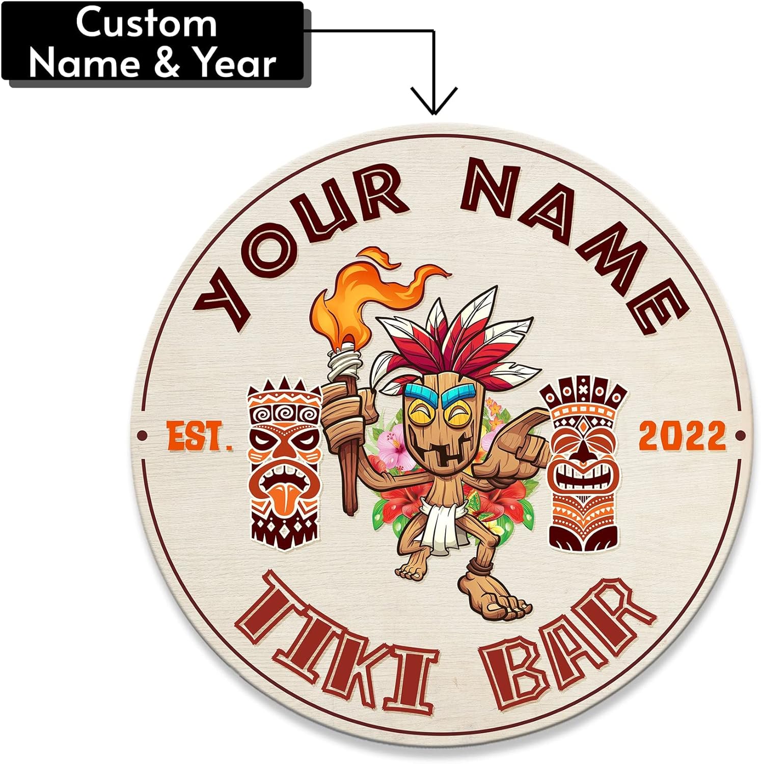 MeMate Tiki Bar Sign Outdoor Decor - Personalized Wooden Name Sign for Tiki Lounge, Backyard, Patio, Beach Bar, Party Decors - Custom Year Rustic Round Printed Wood Signs Wall Hanging