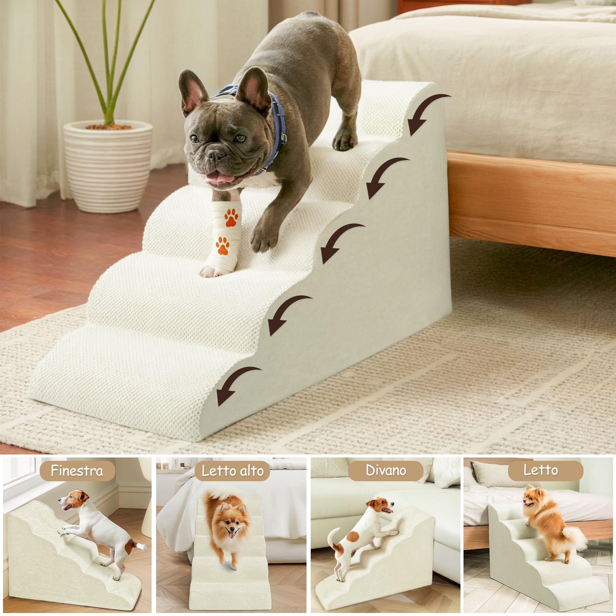 Niubya Scala per Cani e Gatti Piccoli, 2 Gradini 30 cm, Schiuma 30D, Antiscivolo, Fodera Lavabile, Ideale per Divano/Letto, Animali Anziani o Mobilità Ridotta, Beige