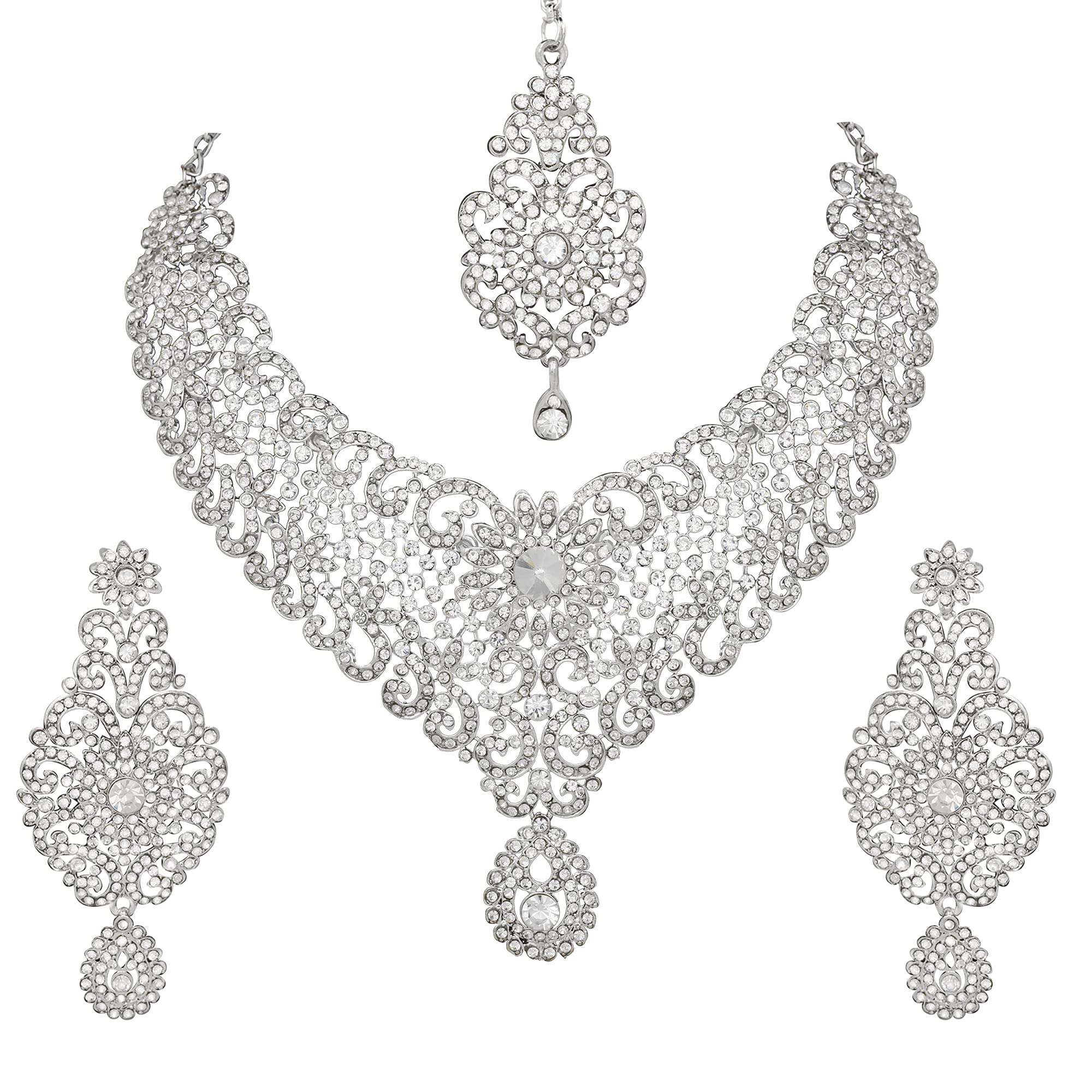 Atasi International Fabulous Bridal Rhodium Silver Plated Alloy Necklace Set for Women - Jewellery Set for Girls, Suitable for Weddings, Festive Occasions, Engagement (B08523QJRZ) Amazon Price History, Amazon Price Tracker