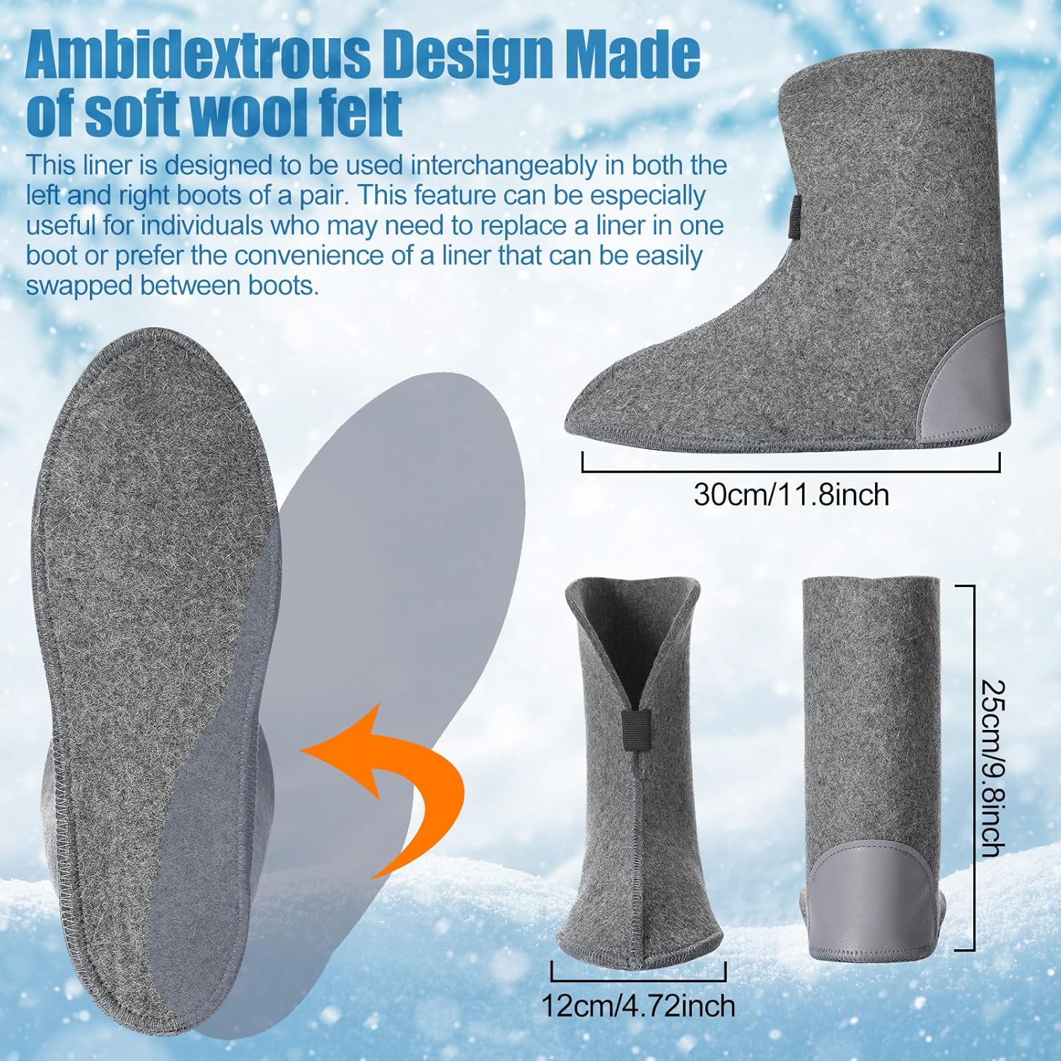 Jeyiour 1 Pair Pure Wool Felt Replacement Boot Liners 10'' High Winter Warm Boot Liners Replacement for Men Women Unisex