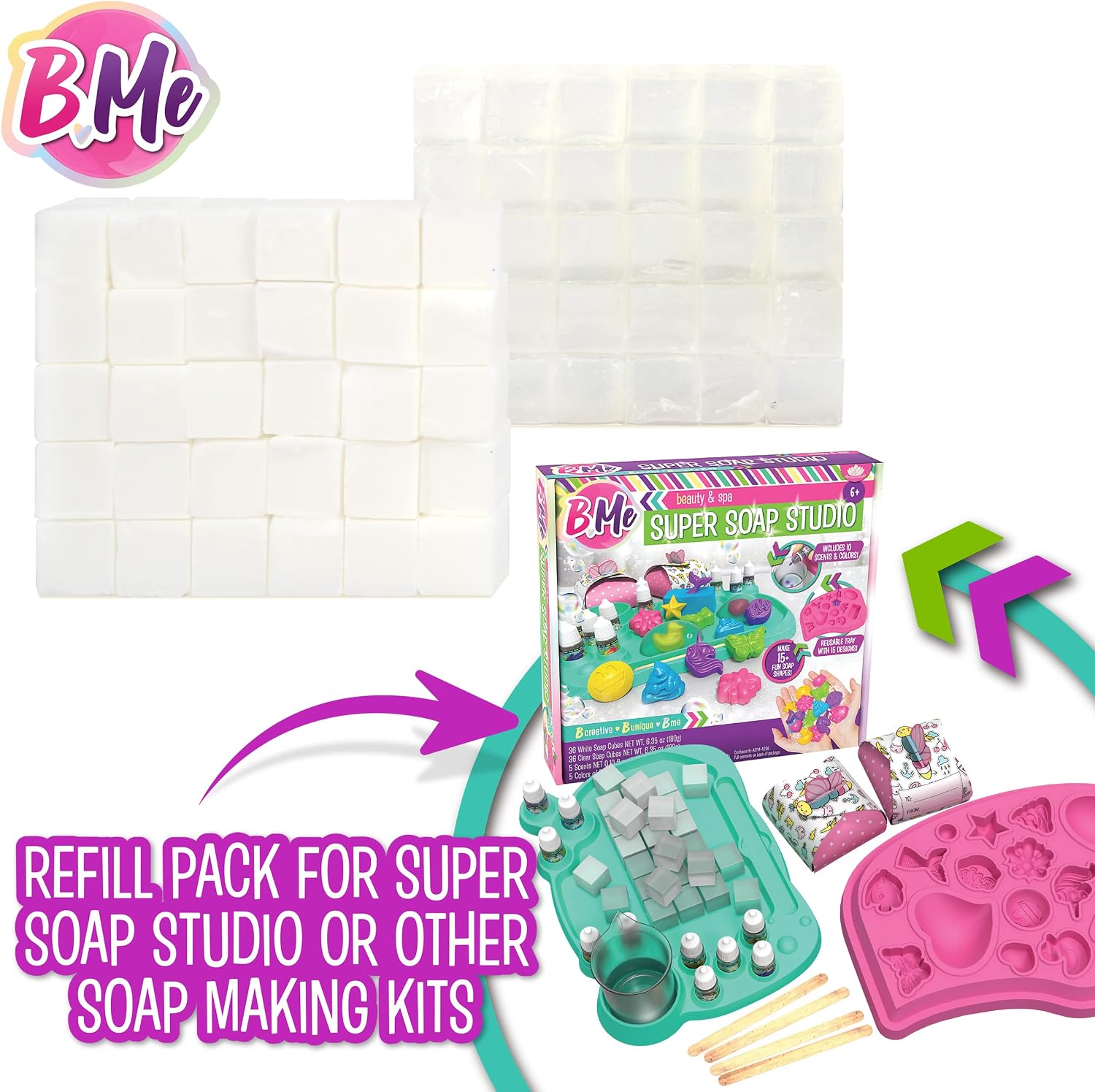 B Me DIY Soap Making Kit Refill Pack - 60 Soap Cubes for The Super Soap Studio Kit- 30 Clear and 30 White Soap Cubes Included- Make Your Own Soap for Boys Girls- Fun Education Activity for Kids 6+