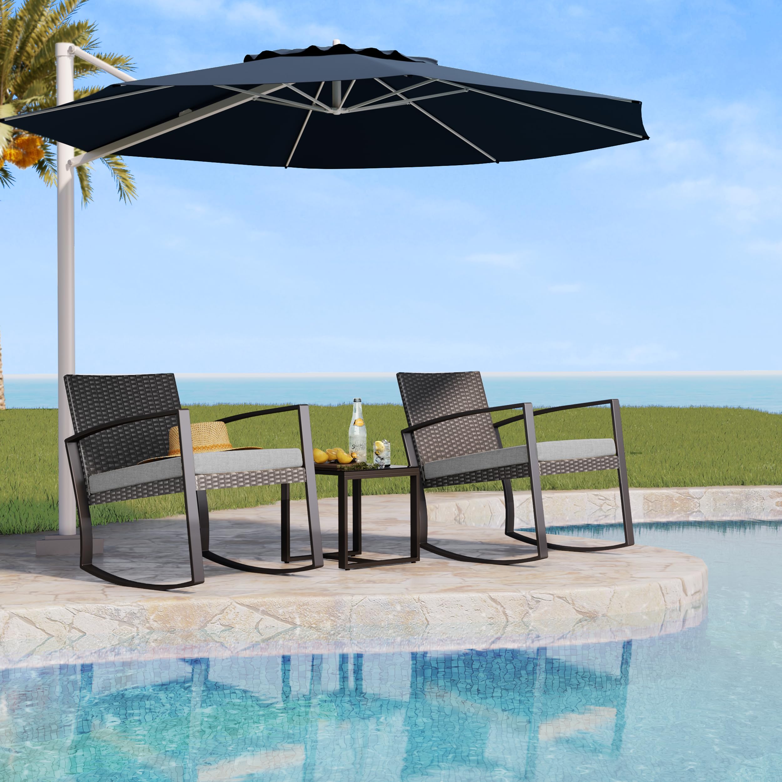 Bealife Set Giardino，Salottino da Esterno，Set di Mobili da Balcone in Rattan, ，Set da Balcone 3 Pezzi per Portici, Cortili, Terrazzi, Balconi, Bordo Piscina (Grigio)