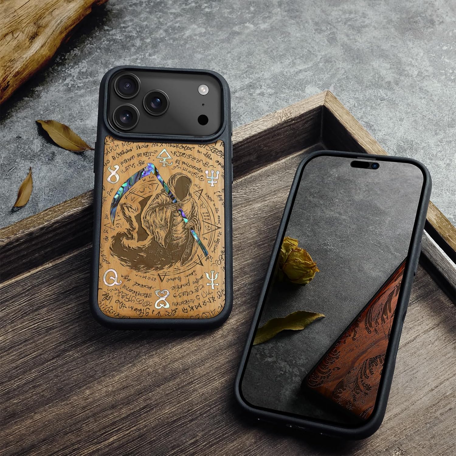 Carveit Magnetic Case for iPhone 17 Pro Case, Wood Artisan Engraved & Handmade Shell Inlaid, TPU Shockproof Cover, Compatible with MagSafe Wireless Chargers (The Grim Reaper of Carved-Cherry)