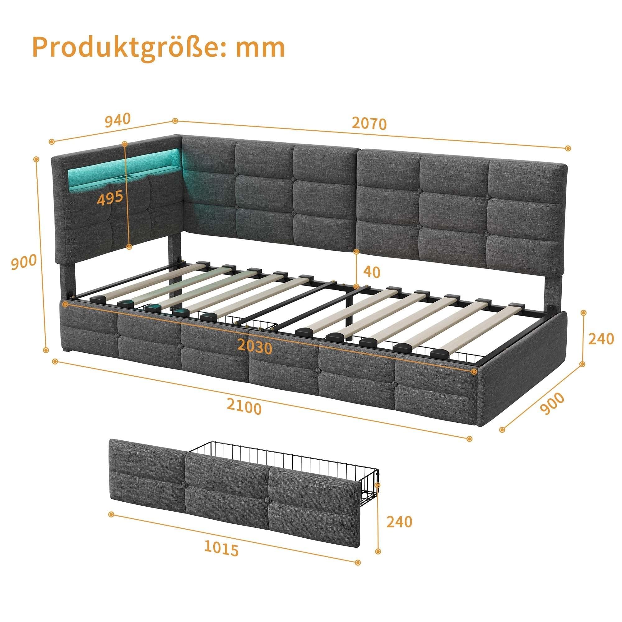 Polsterbett Schlafsofa 90x200 mit LED-Beleuchtung, Kinderbett Einzelbett mit Stauraum Schubladen und Kopfteil, Tagesbett Jugendbett Bettgestell mit Lattenrost, ohne Matratze (Graues Leinen 90cm)