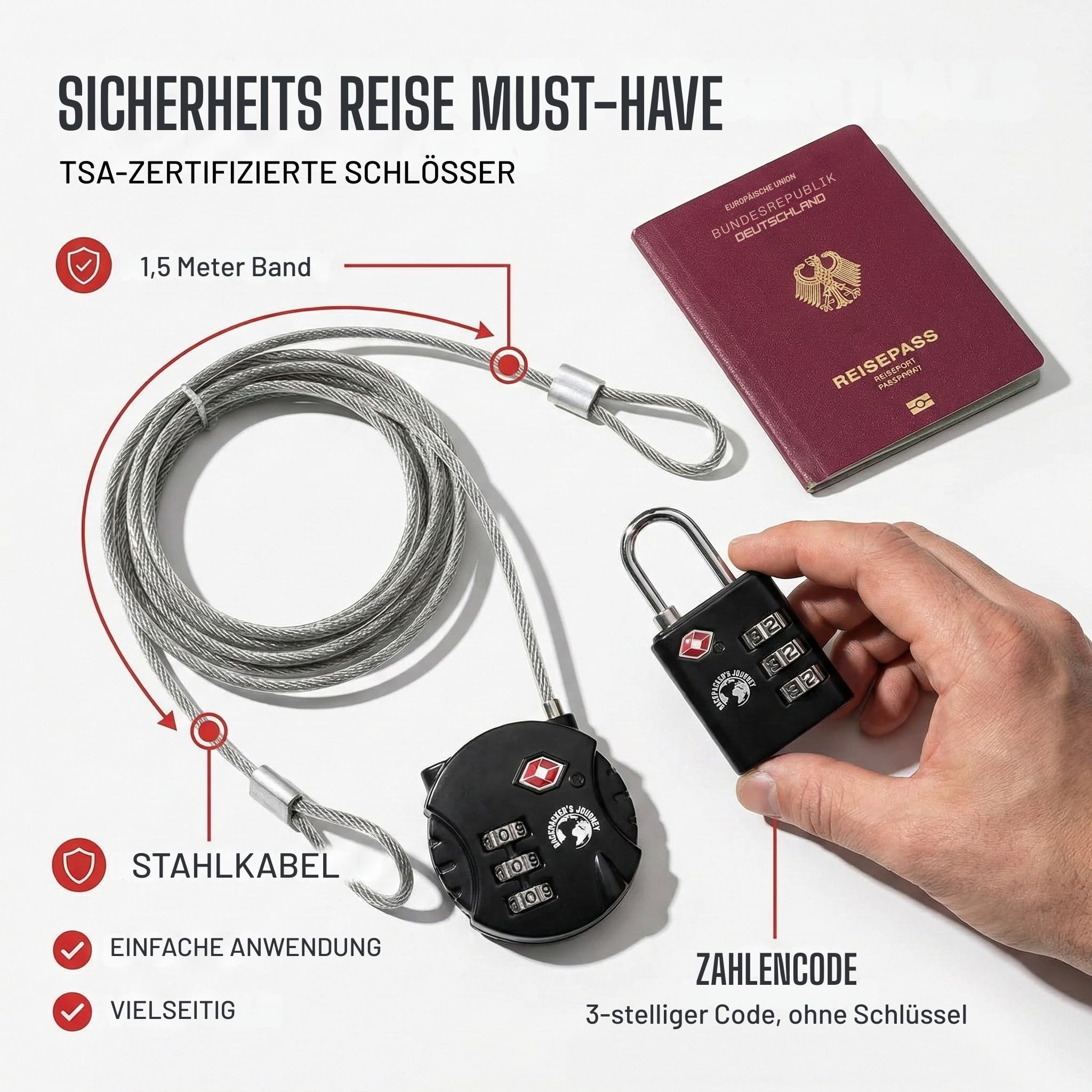 Backpacker's Journey TSA Gepäckschlösser Set.Ideal für Backpacking, Rucksack, Koffer und Taschen jeder ART. Mit Metallband für vielfältigen Einsatz