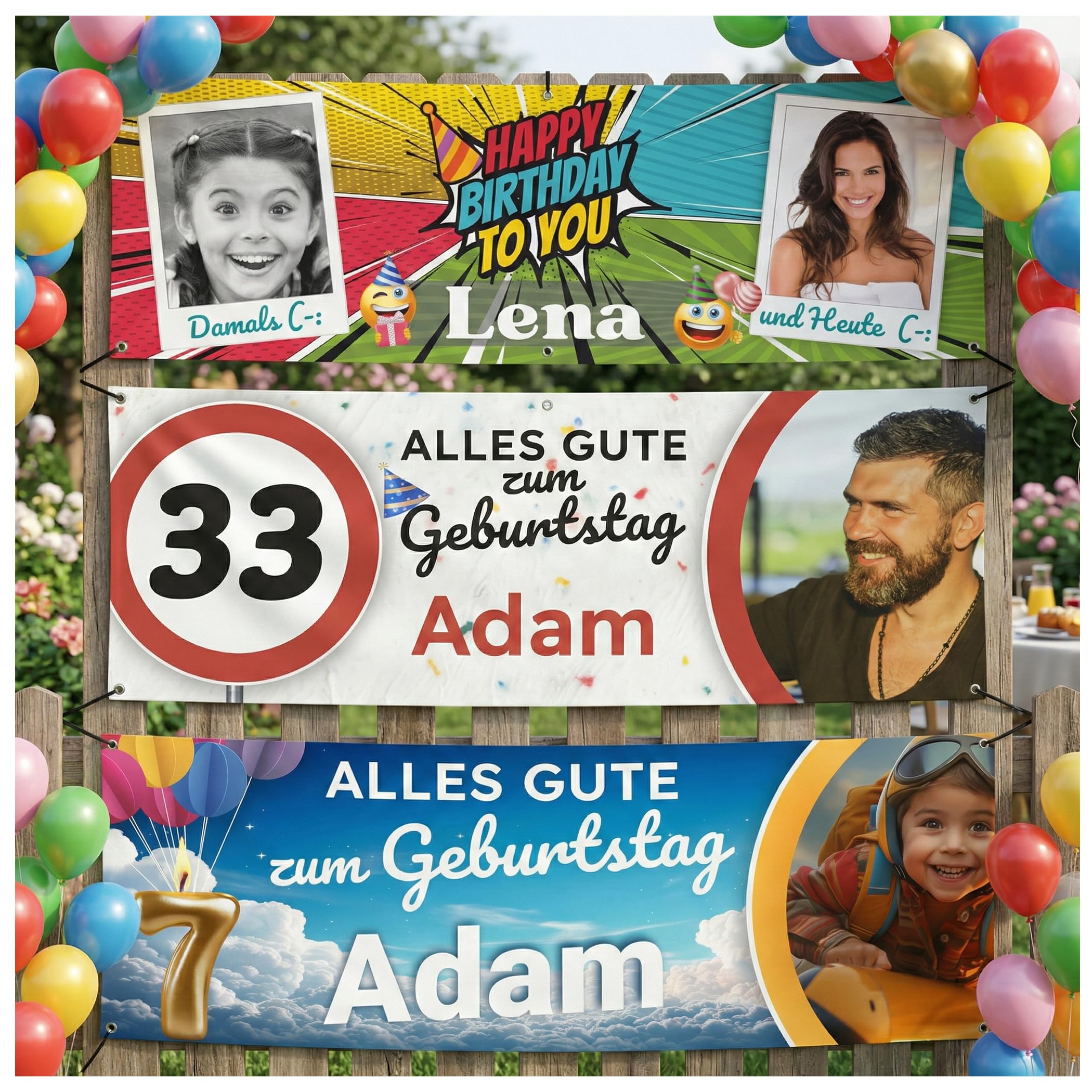 XXL Geburtstagsbanner Personalisiert mit Foto Text | Für 1-99 Jahre Alle Altersgruppen | Premium HD-Druck Wasserfest | Große Geburtstagsdeko Innen Außen | Metallösen Wiederverwendbar | PRINT.GG