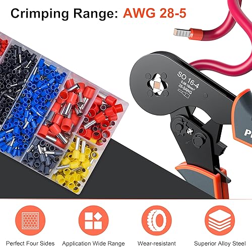 Miniatura 9 de Preciva - Herramienta de prensado de virola de alambre, 16-4 alicates de engarzado de alambre de mandíbula cuadrada AWG 28-5 (0.08-16mm)