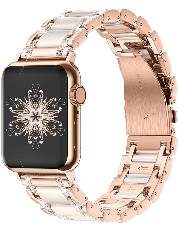 Moolia Metal Band Compatible with Apple Watch Band 38/40/41/42mm Women Rhinestones Resin Wristband Bling Diamond Bracelet for iWatch Series 11 10 9 8 7 6 5 4 3 2 1, Rose Gold/Starlight by Moolia - Used condition - Image 2