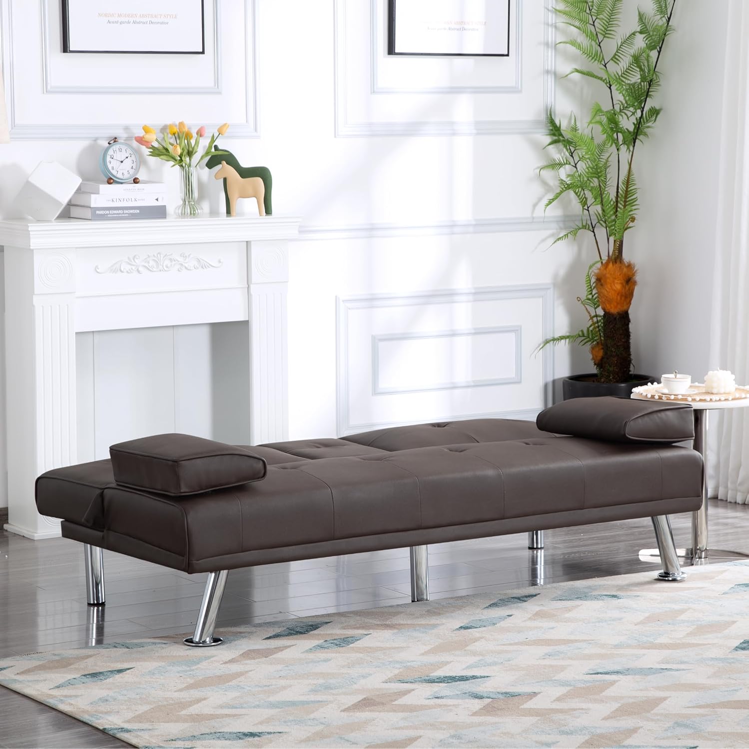 Modern PU Futon Set Convertible Recliner Sleeper Fold Up Down Loveseat Reversible Daybed Guest Bed 3 Angles Adjustable (Brown)