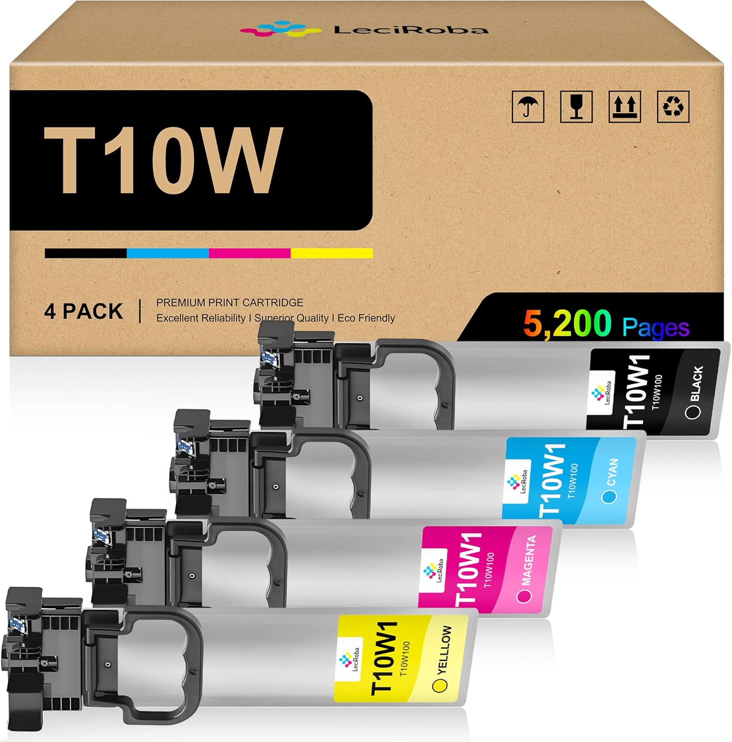 LeciRoba T10W High Capacity Remanufactured Ink Cartridge Replacement for T10W100 T10W200 T10W300 T10W400 T10W Ink Cartridge Set for Pro WF-C5390 WF-C5890 Color Printer Ink (B/C/Y/M, 4-Pack)