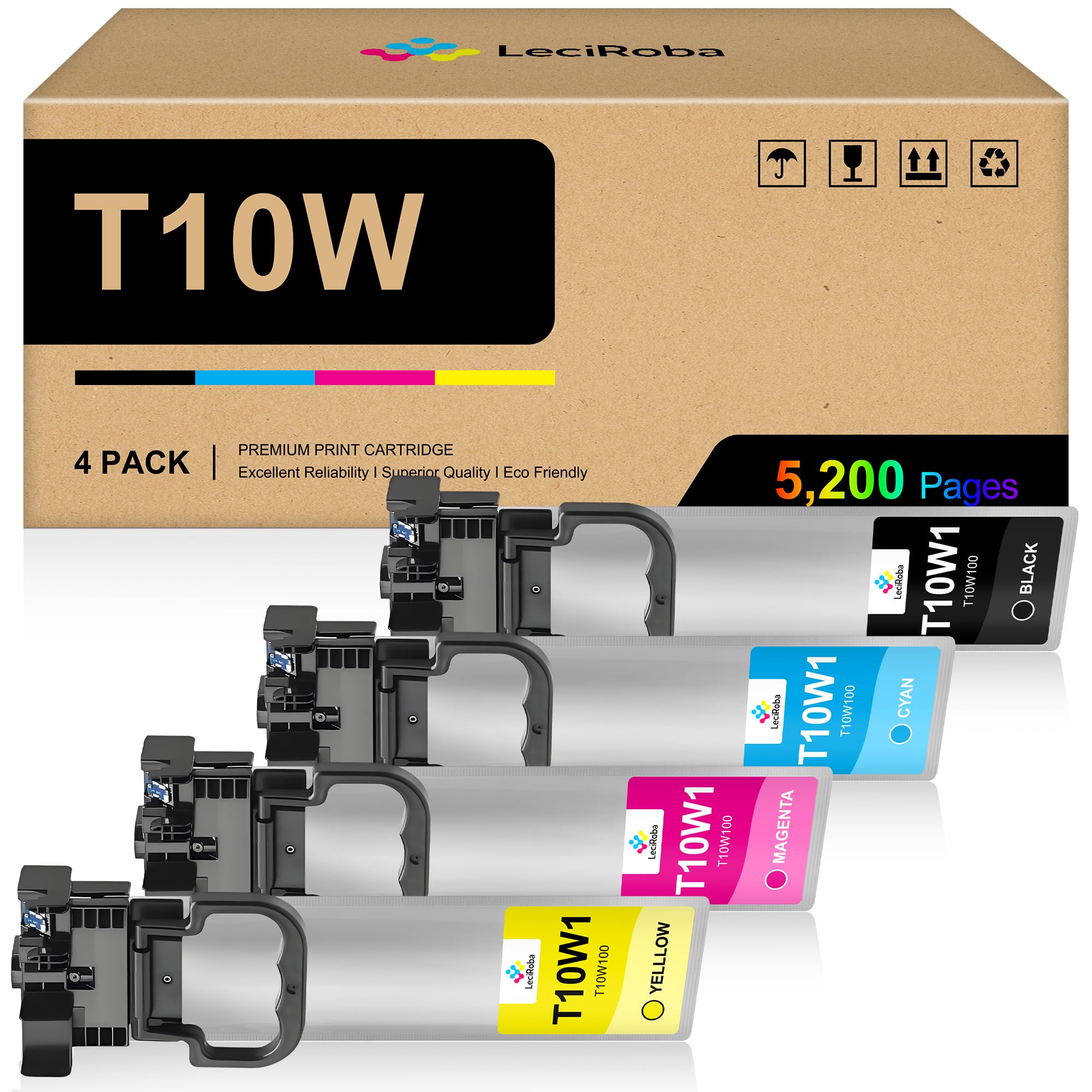 Photo 1 of LeciRoba T10W High Capacity Remanufactured Ink Cartridge Replacement for T10W100 T10W200 T10W300 T10W400 T10W Ink Cartridge Set for Pro WF-C5390 WF-C5890 Color Printer Ink (B/C/Y/M, 4-Pack)