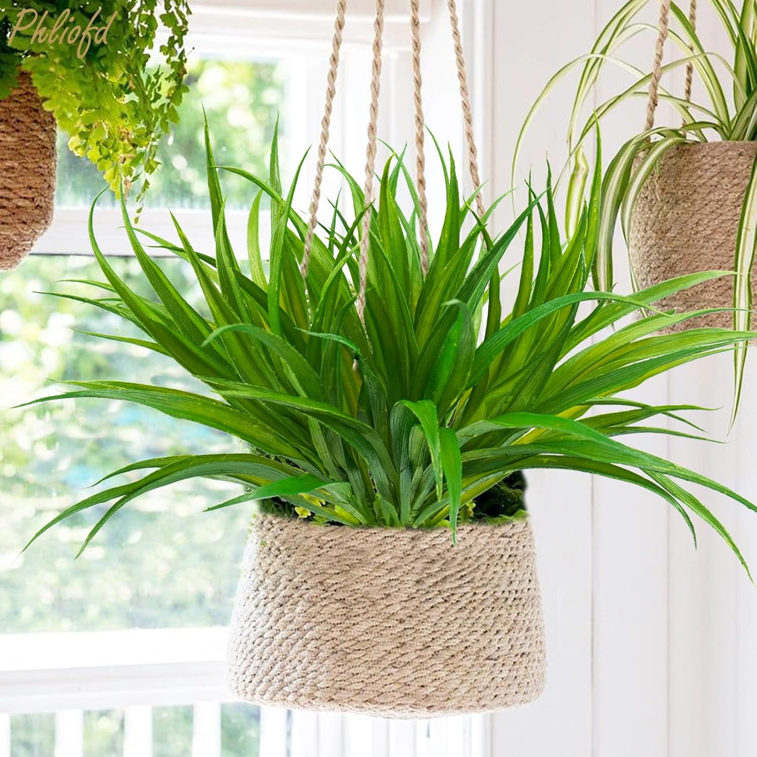 6Pcs Artificial Grass Fake Plants 17.3in 16 Leaves Outdoor Fake Grass UV Resistant Greenery Plastic Plants for Home Window Garden Office Patio Hanging Planter Pathway Front Porch Décor - Image 2