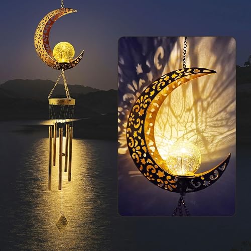 Campanillas de viento solares de luna, decoración para el aire libre, bola de vidrio agrietada, conmemorativas, luz para patio, césped, jardinería,
