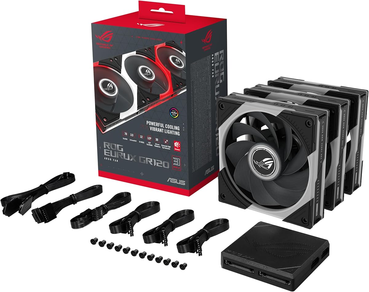 ROG Eurux GR120 ARGB Ventilador PWM inverso Paquete triple 120 mm PWM, 2200 RPM, Conexión en cadena patentada, Iluminación personalizada, Concentrador de ventilador