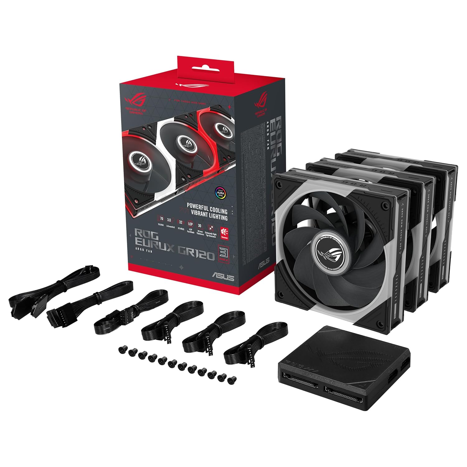 ASUS ROG Eurux GR120 ARGB Reverse PWM Fan Triple Pack 120mm PWM, 2200RPM, Patented Daisy-Chain, Custom Lighting, Fan Hub
