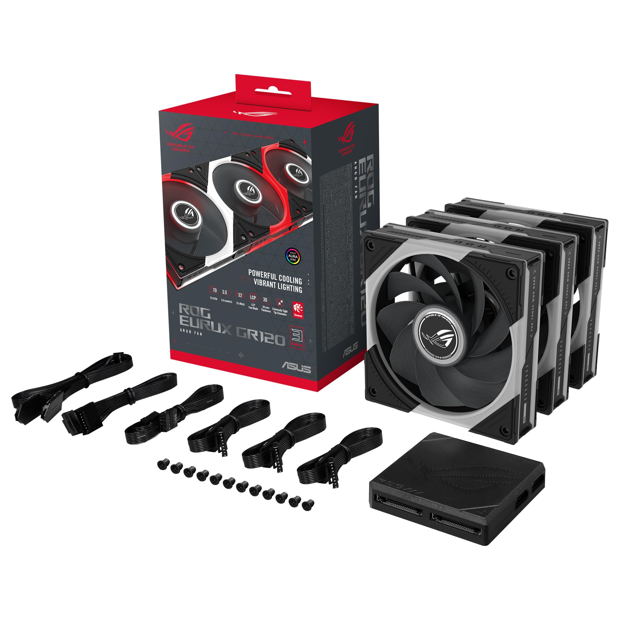 ASUS ROG Eurux GR120 ARGB Reverse PWM Lot de 3 ventilateurs PWM 120 mm PWM, 2200 tr/min, chaîne en marguerite brevetée, éclairage personnalisé, moyeu de ventilateur