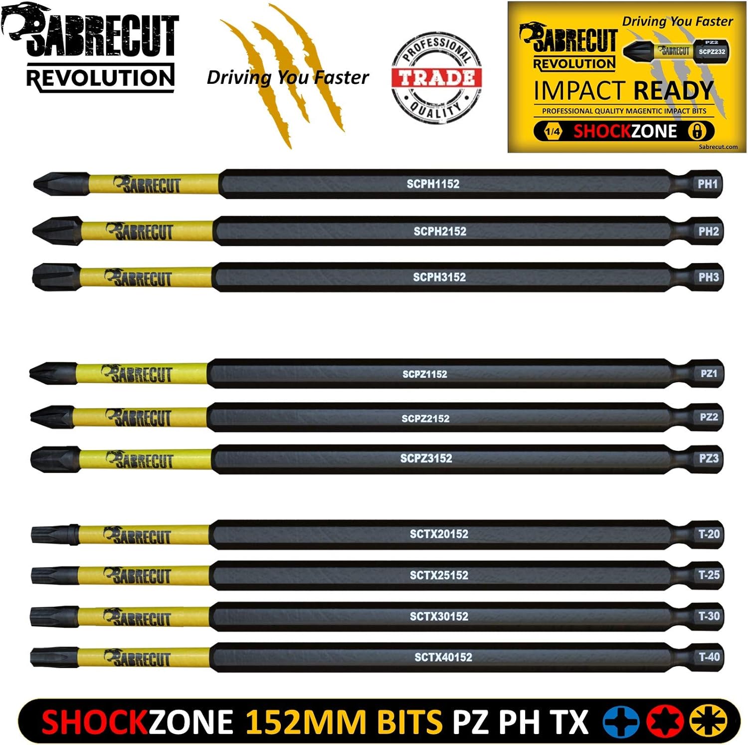 10 x SabreCut SCRK152 152mm PZ1 PZ2 PZ3 PH1 PH2 PH3 TX20 TX25 TX30 TX40 Magnetic Impact Screwdriver Driver Bits Set Pozi Pozidriv Phillips Torx Compatible with Dewalt Milwaukee Bosch Makita etc