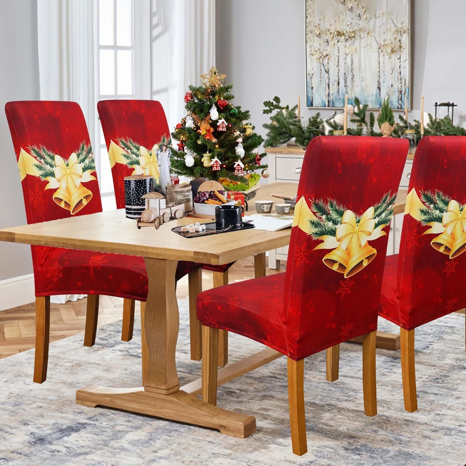 Christmas Chair Covers Set of 4, Christmas Decorations Stretch Removable Washable Dining Room Chair Protector Slipcovers for Xmas Decor Holiday Party Home Decoracion De Navidad (Christmas 4, 4 PCS)