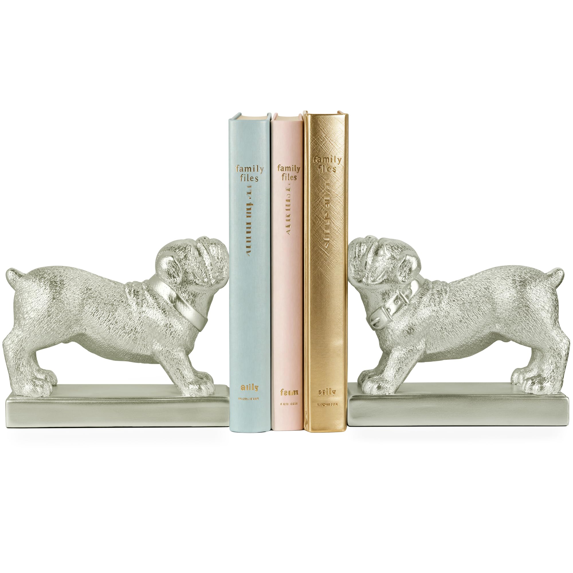 MXARLTR Decorative Bookends for Shelves, Dog Book Ends for Heavy Books, Bulldog Statues Bookends for Heavy Books with Anti-Slip Base Book Holders for Home Office Decor (Silver)