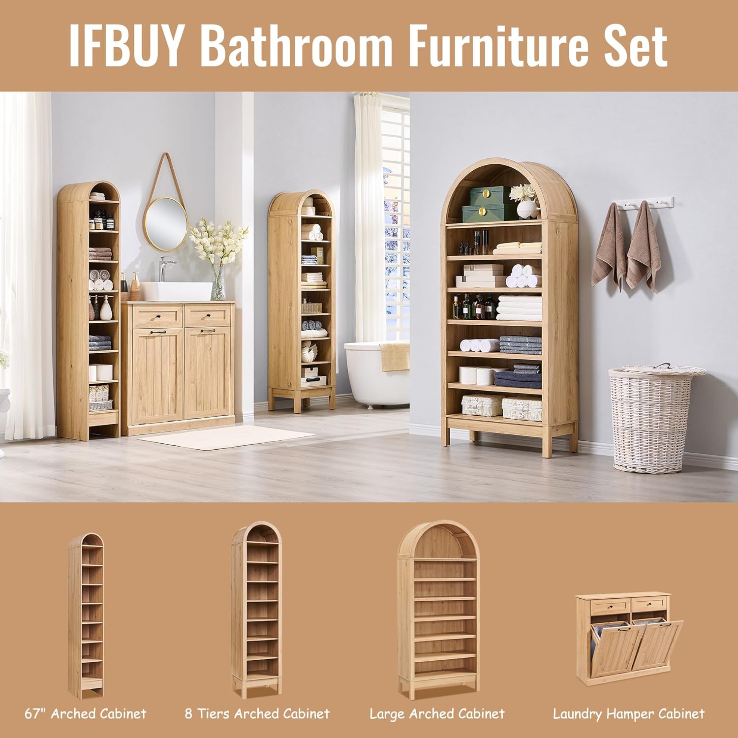 IFBUY 67" Tall Arched Bathroom Storage Cabinet, 8-Tier Modern Farmhouse Storage Cabinet with Adjustable Shelves, Wood Freestanding Cabinet for Bathroom, Living Room, Entryway, Hallway (Natural)